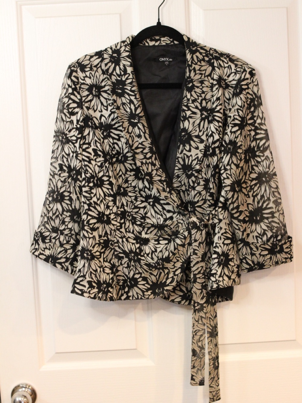 Onyx Black and Cream Floral Wrap Blazer